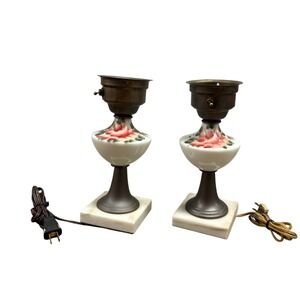 Vintage Pair Rose painted Milk‎ Glass Table Lamps Marble Base